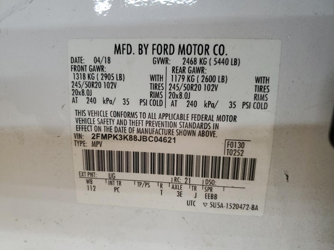 2FMPK3K88JBC04621 FORD EDGE 2018