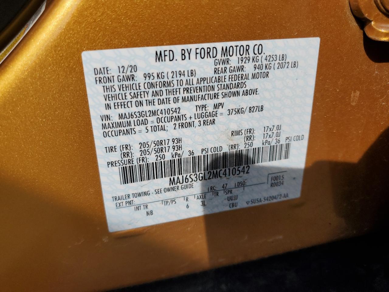 MAJ6S3GL2MC410542 FORD ECOSPORT 2021