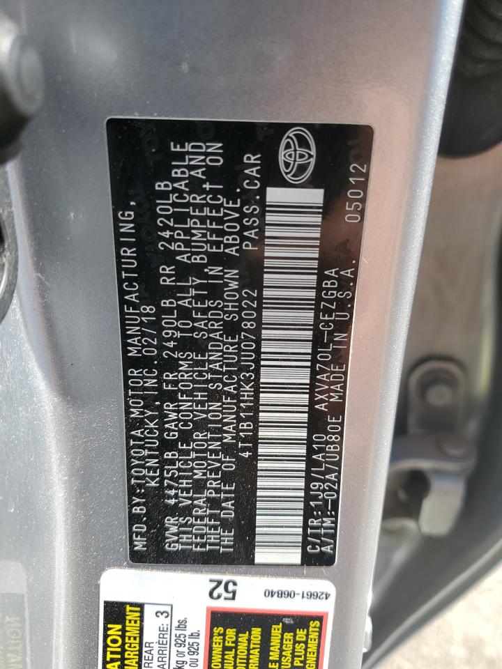 4T1B11HK3JU078022 TOYOTA CAMRY 2018