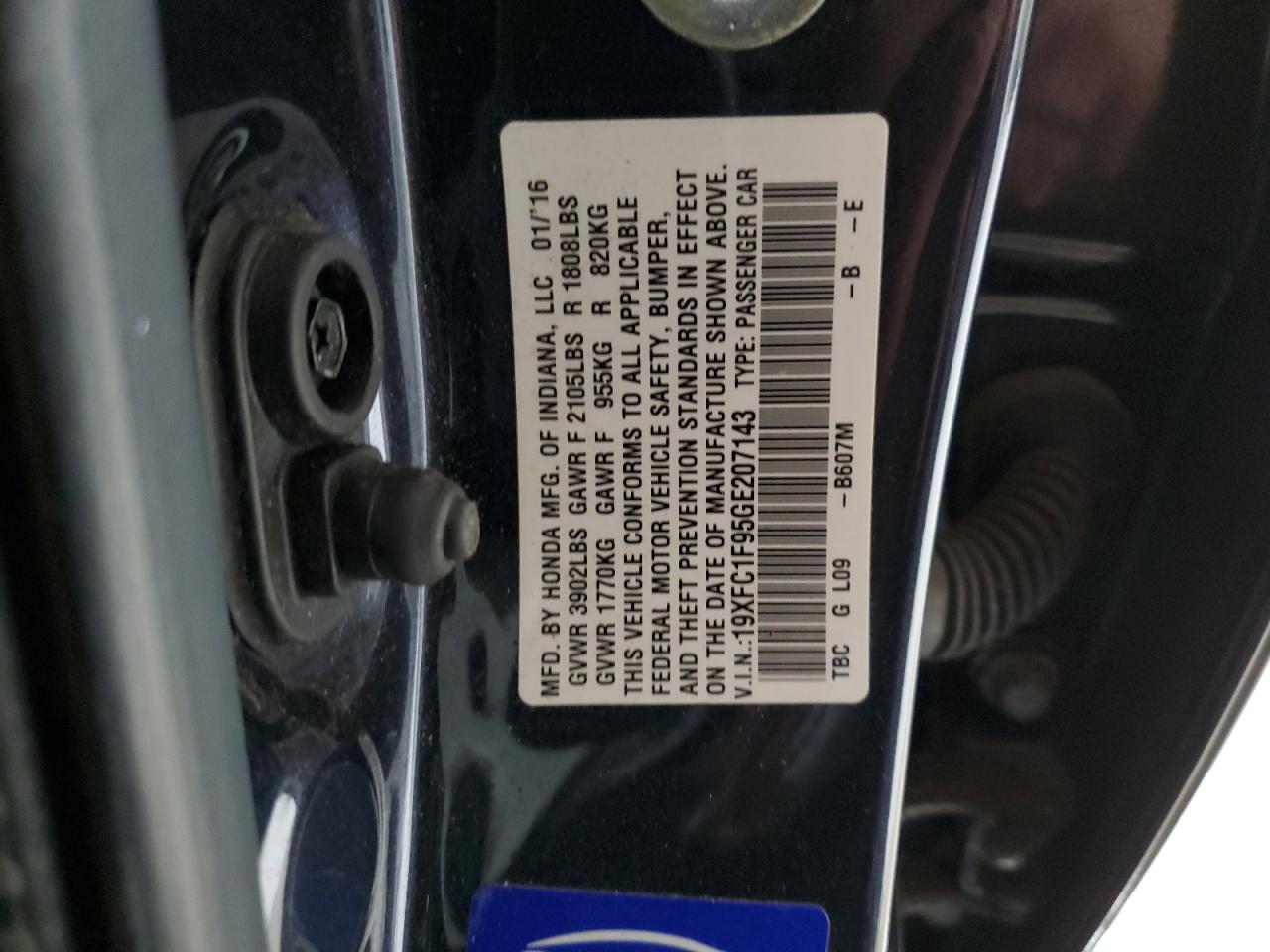 19XFC1F95GE207143 HONDA CIVIC 2016