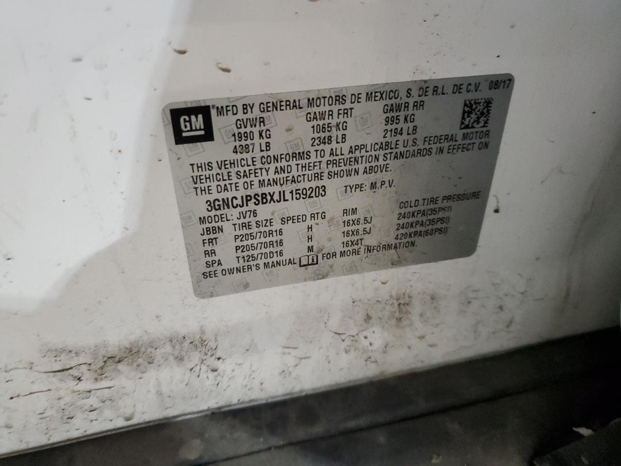 3GNCJPSBXJL159203 CHEVROLET TRAX 2018