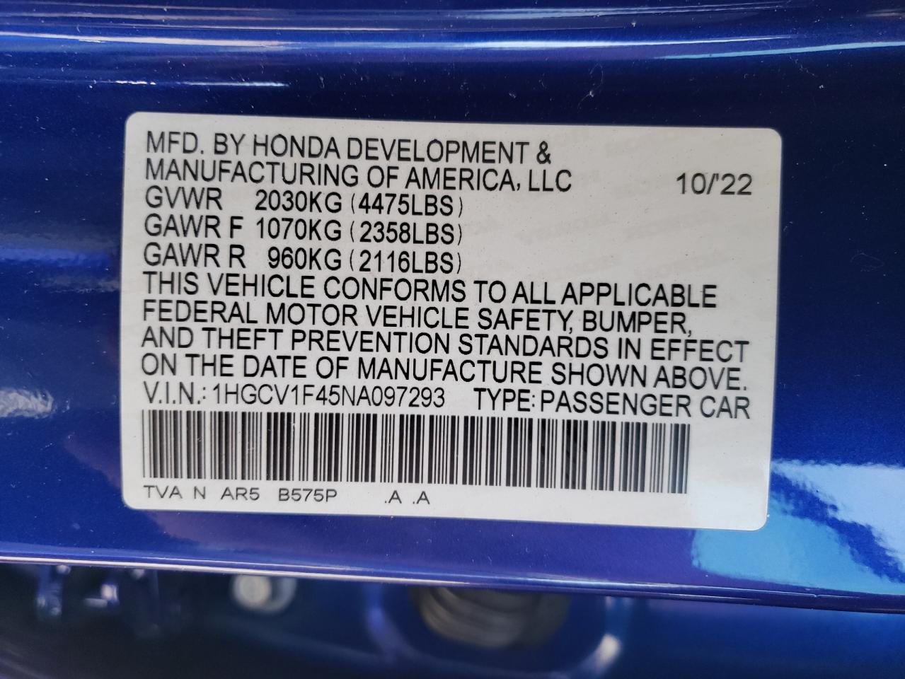 1HGCV1F45NA097293 HONDA ACCORD 2022