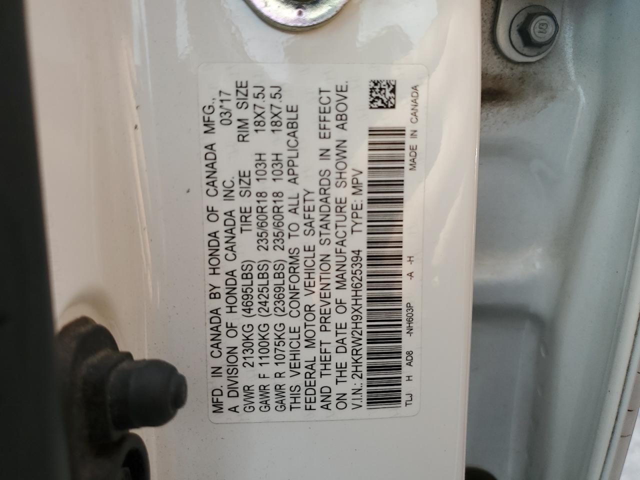2HKRW2H9XHH625394 HONDA CRV 2017