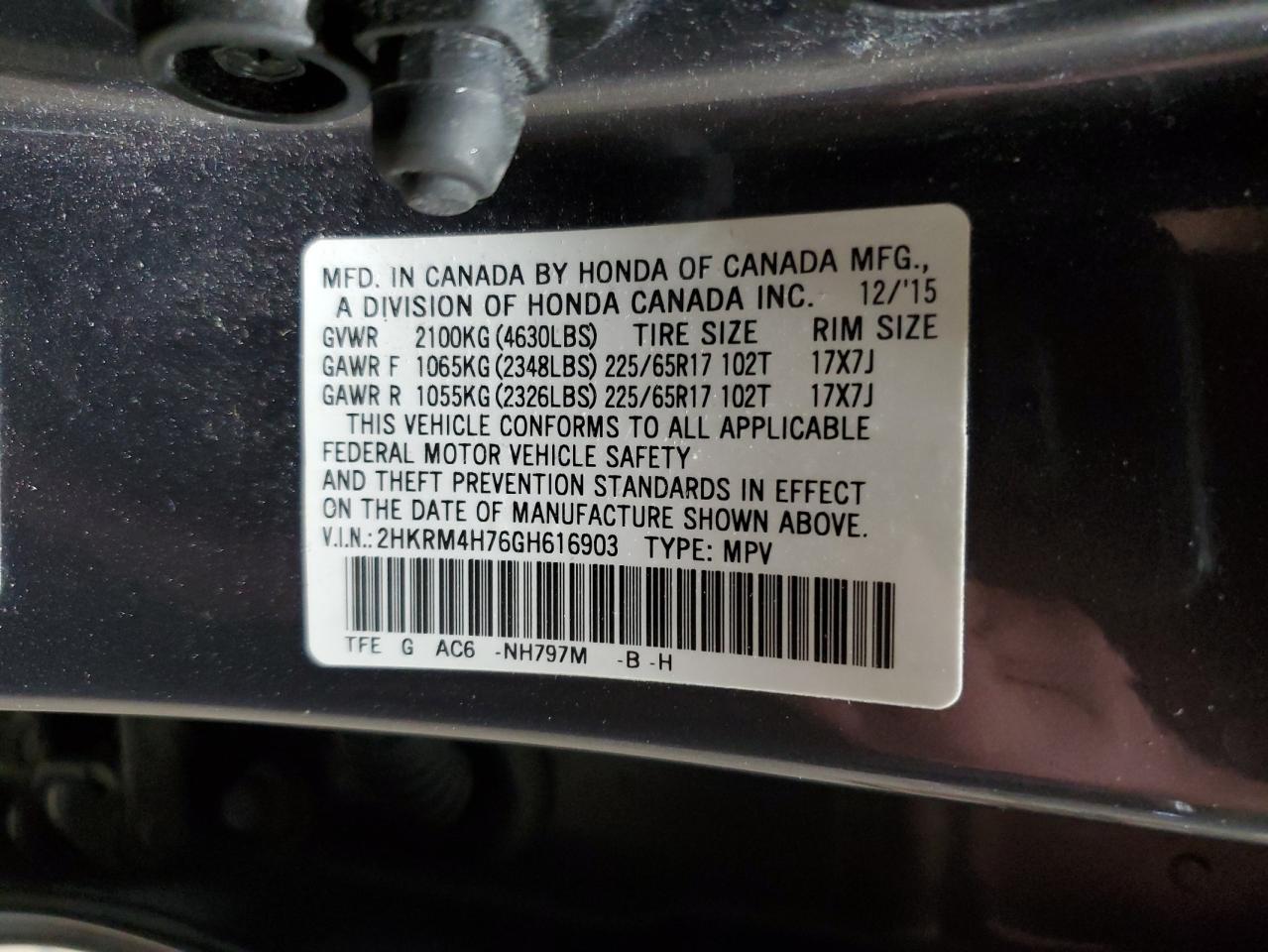 2HKRM4H76GH616903 HONDA CRV 2016