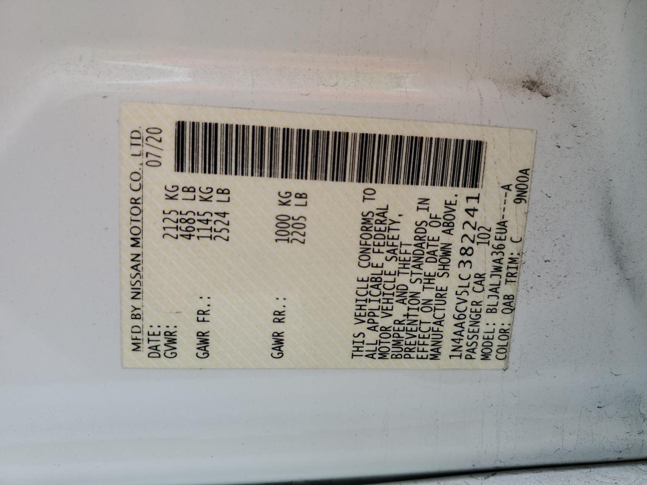 1N4AA6CV5LC382241 NISSAN MAXIMA 2020