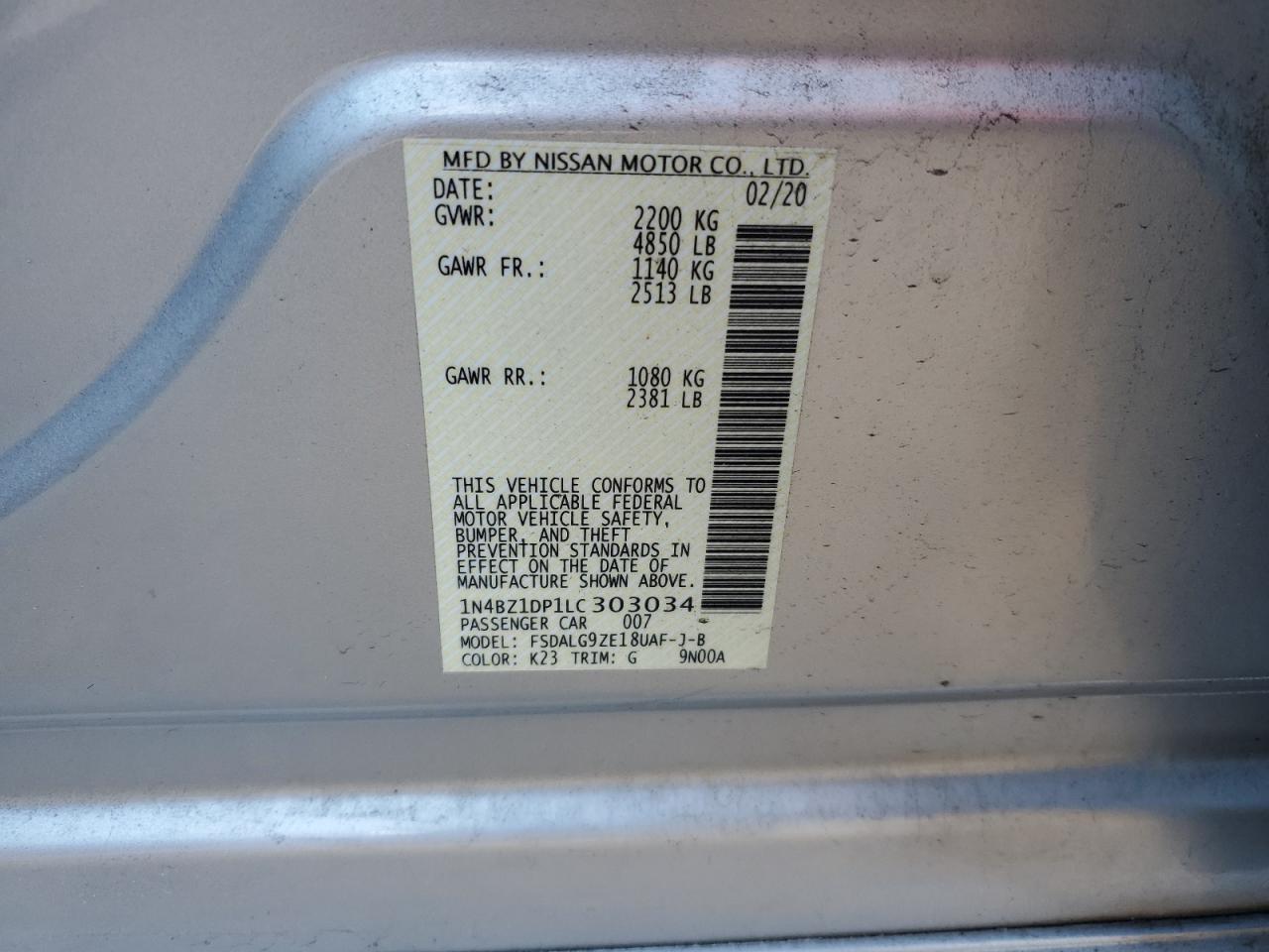 1N4BZ1DP1LC303034 NISSAN LEAF 2020