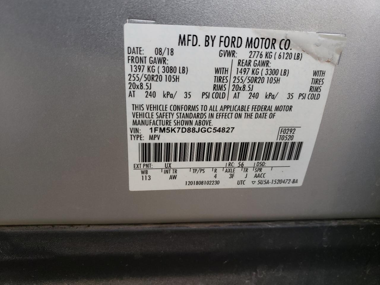 1FM5K7D88JGC54827 FORD EXPLORER 2018