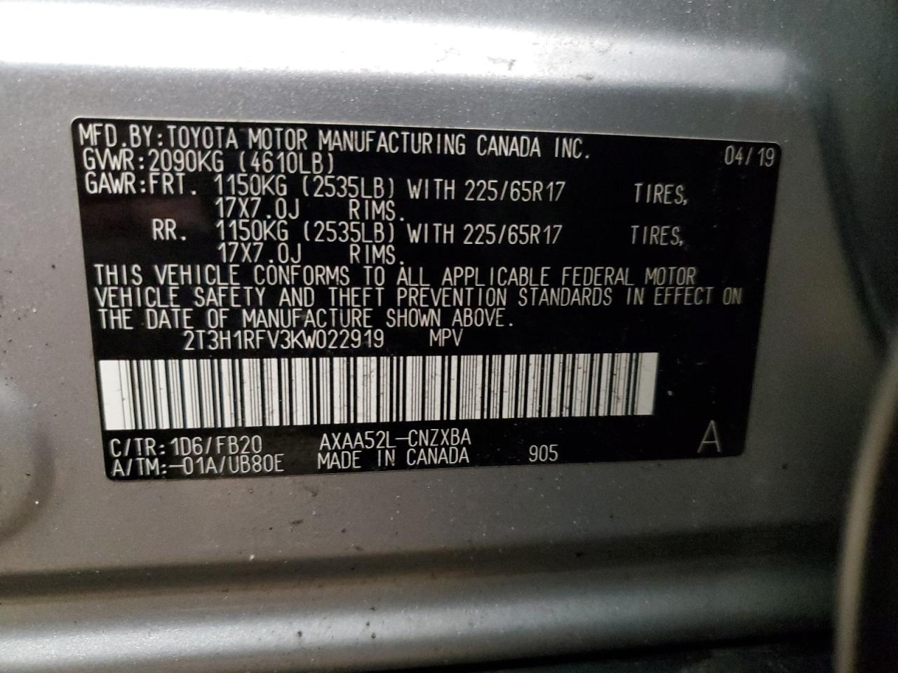2T3H1RFV3KW022919 TOYOTA RAV4 2019