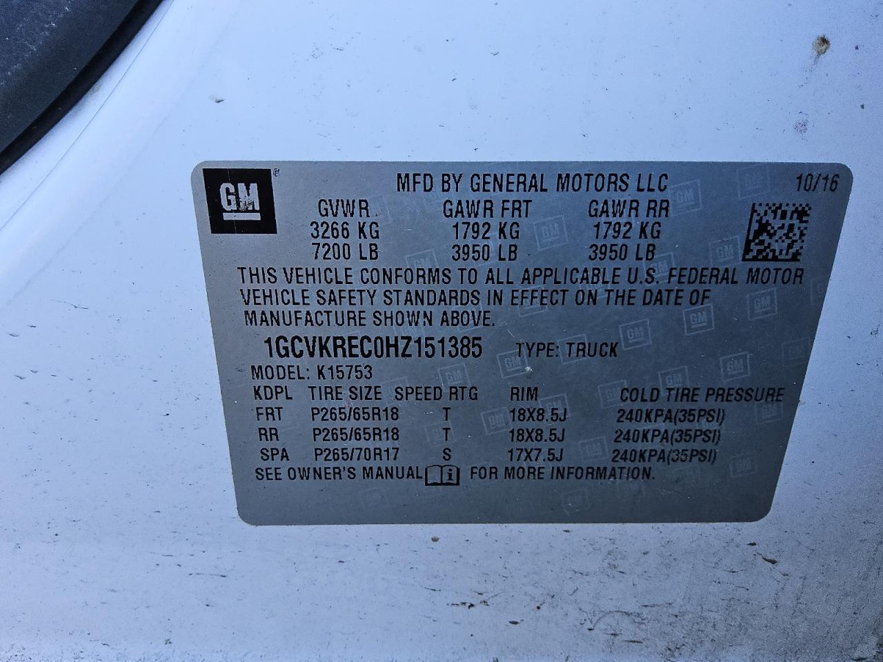 1GCVKREC0HZ151385 CHEVROLET ALL Models 2017