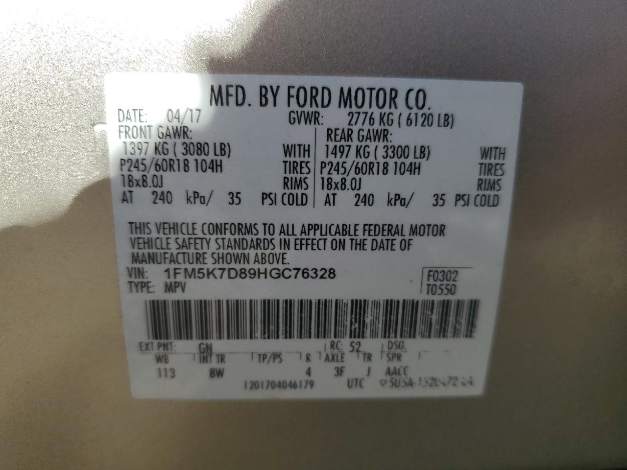 1FM5K7D89HGC76328 FORD EXPLORER 2017