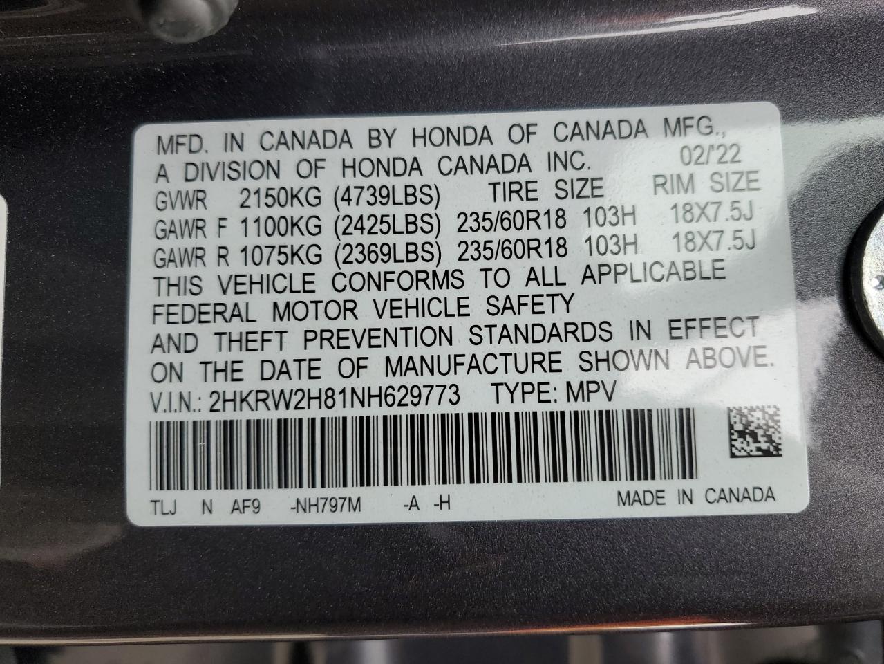 2HKRW2H81NH629773 HONDA CRV 2022