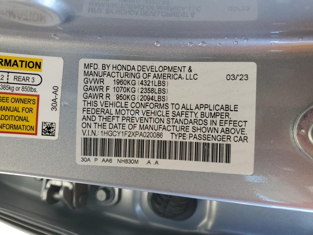 1HGCY1F2XPA020086 HONDA ACCORD 2023