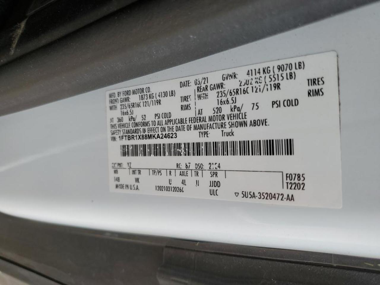1FTBR1X88MKA24623 FORD TRANSIT 2021