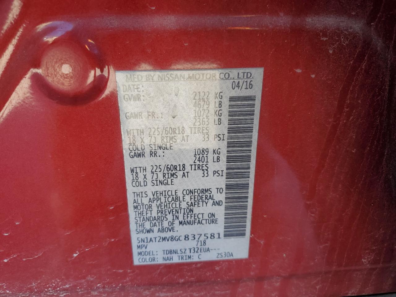 5N1AT2MV8GC837581 NISSAN ROGUE 2016