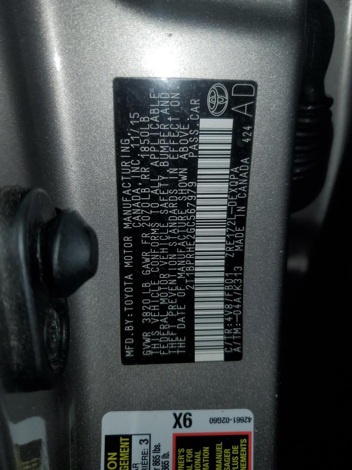 2T1BPRHE2GC567979 TOYOTA COROLLA 2016