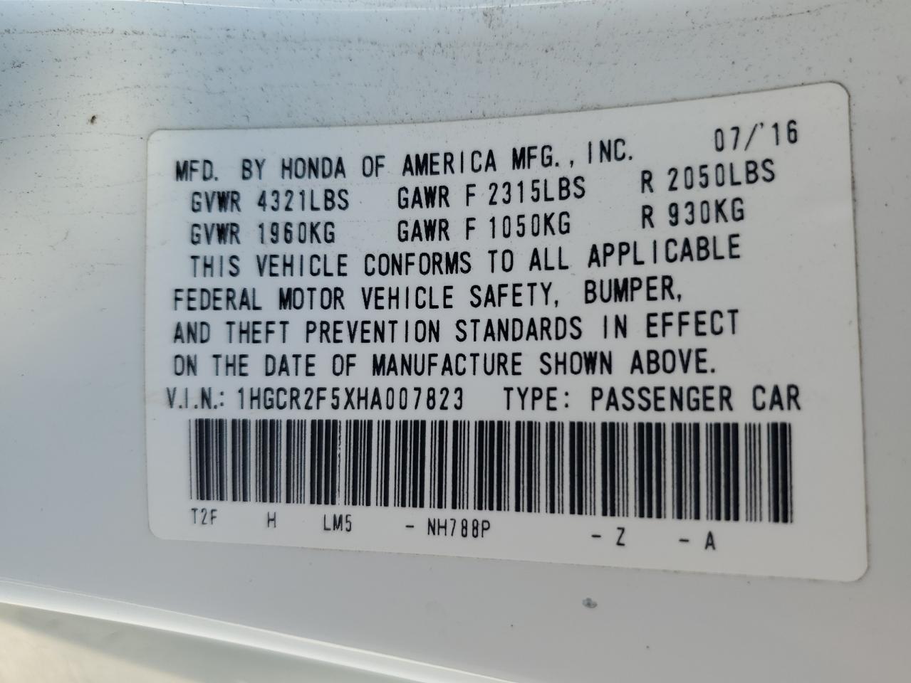 1HGCR2F5XHA007823 HONDA ACCORD 2017