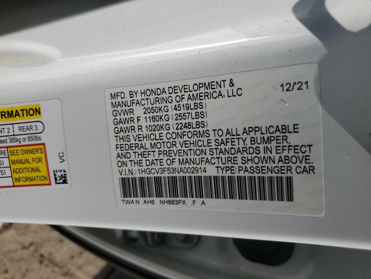 1HGCV3F53NA002914 HONDA ACCORD 2022