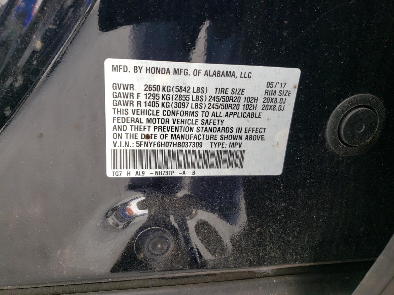 5FNYF6H07HB037309 HONDA PILOT 2017