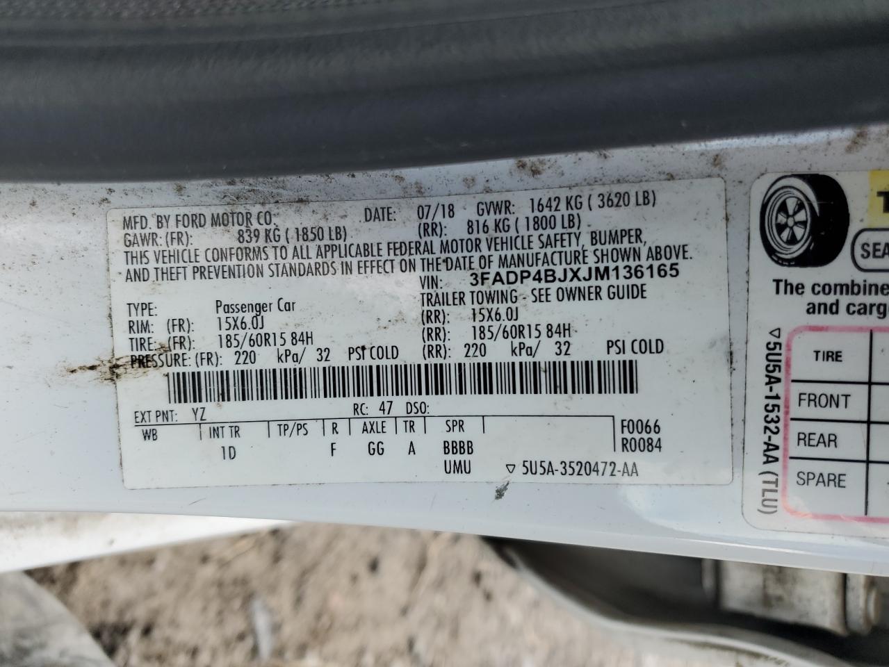 3FADP4BJXJM136165 FORD FIESTA 2018