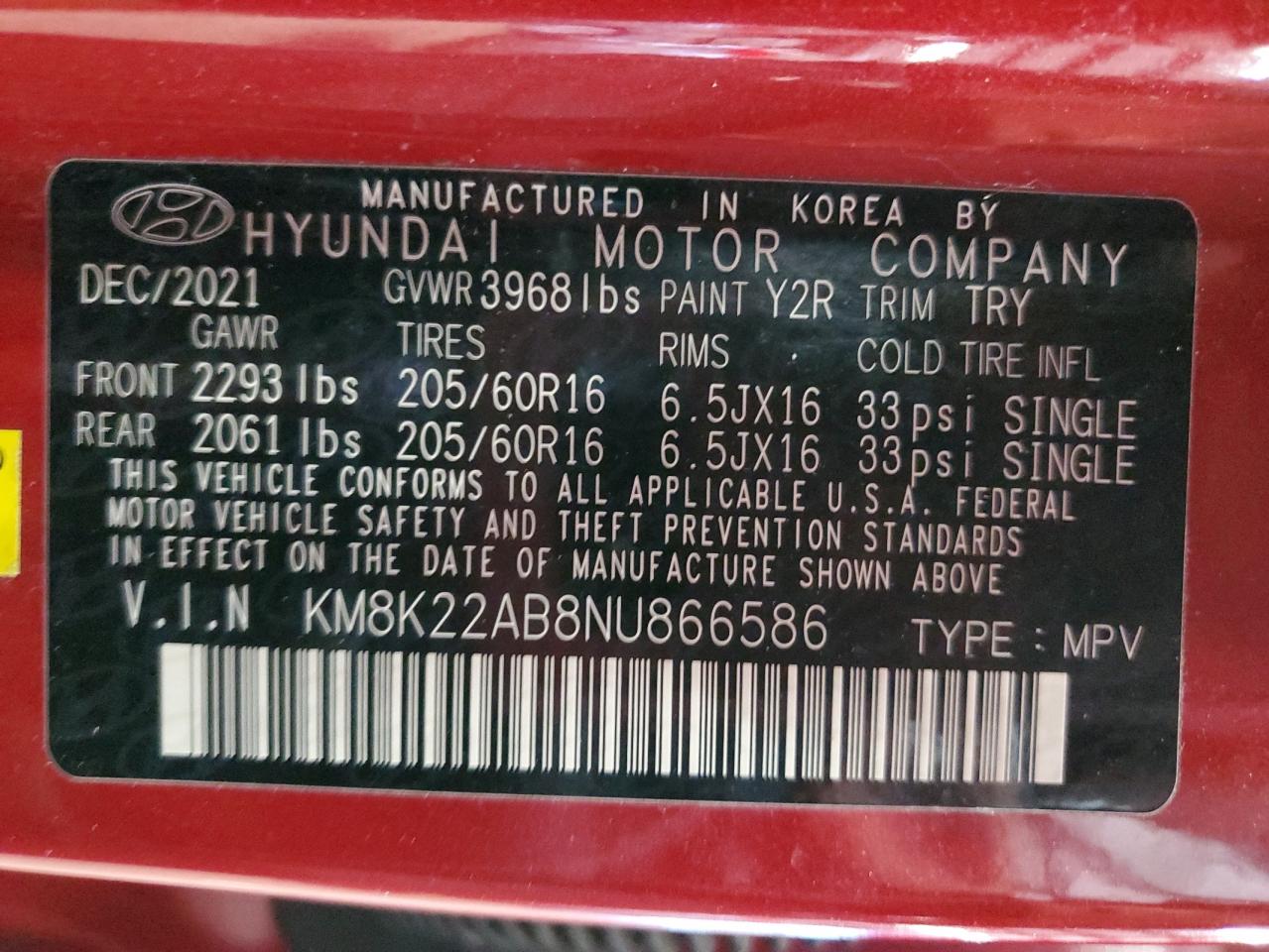2022 Hyundai Kona Sel VIN: KM8K22AB8NU866586 Lot: 50973005