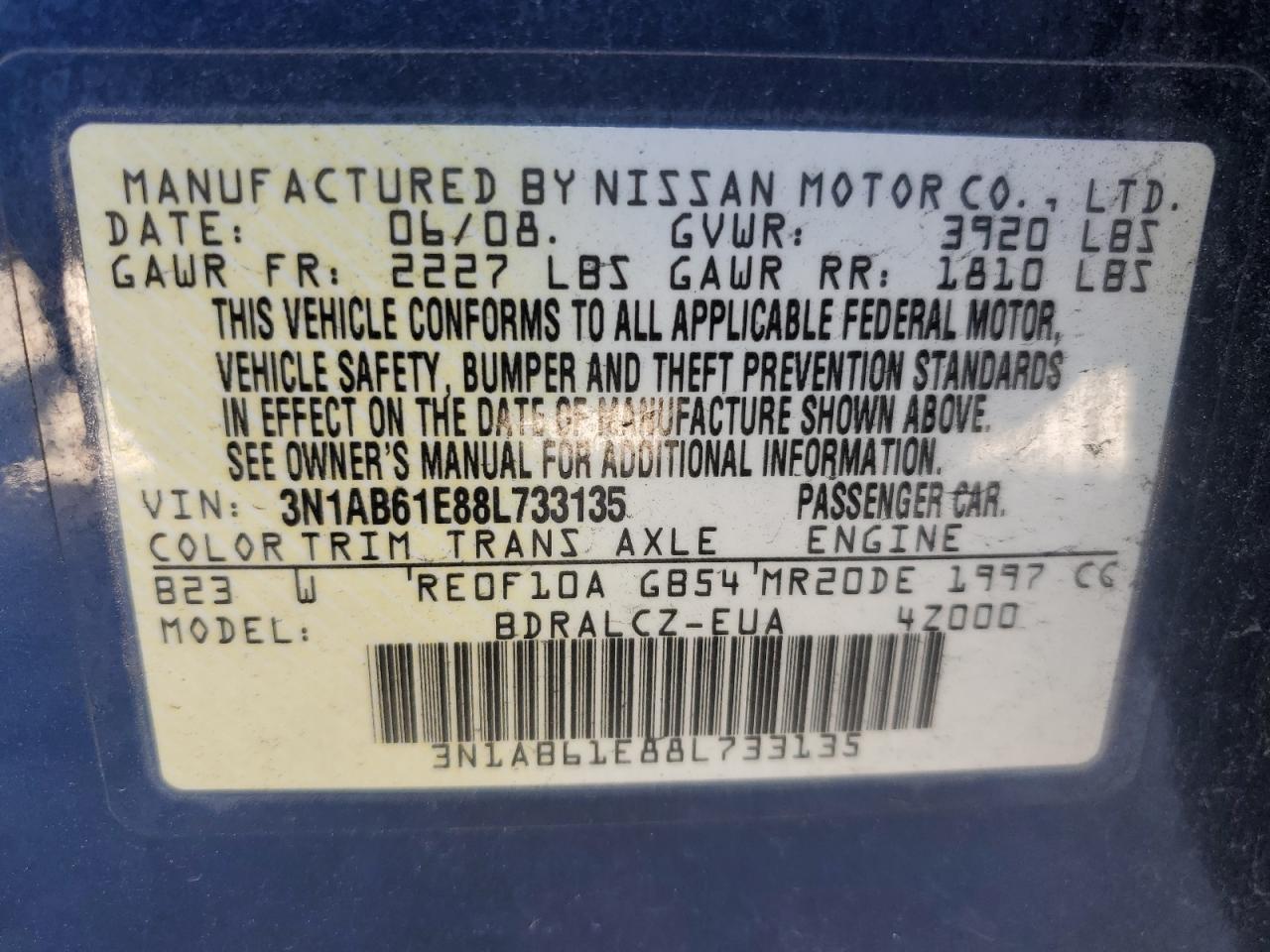 2008 Nissan Sentra 2.0 VIN: 3N1AB61E88L773313 Lot: 50950655