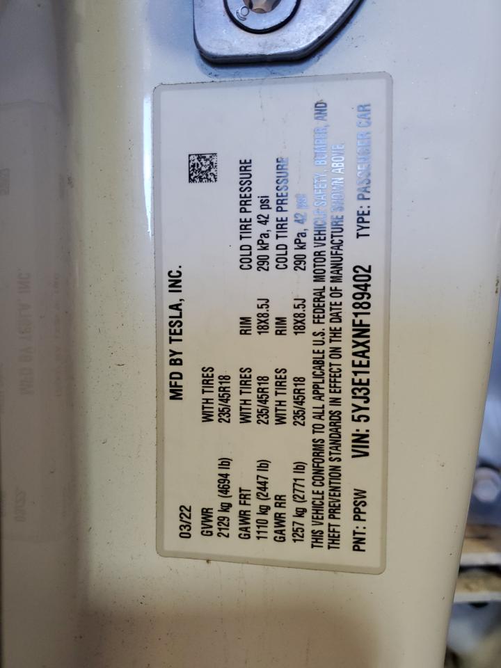 2022 Tesla Model 3 VIN: 5YJ3E1EAXNF189402 Lot: 47429485