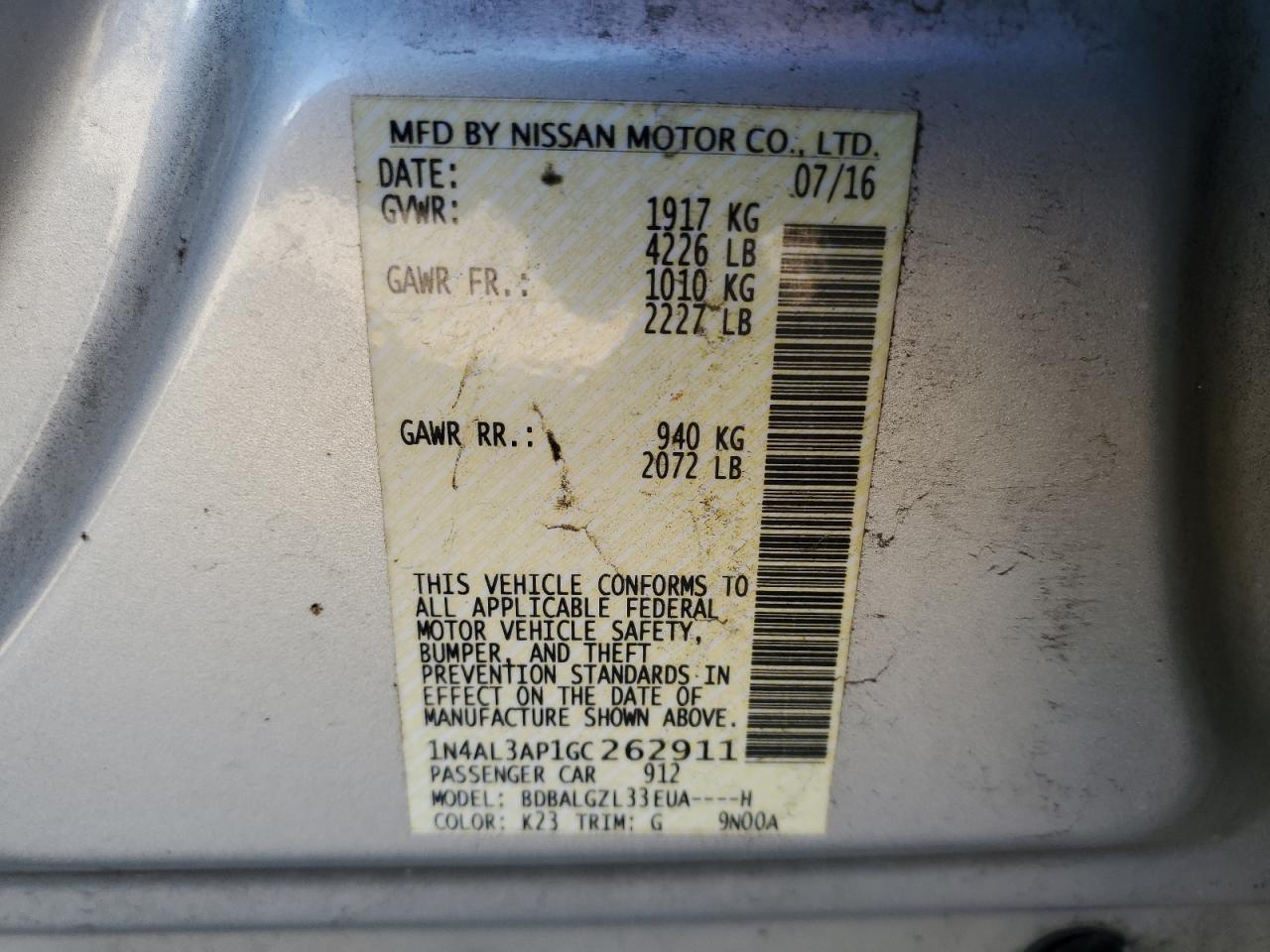 1N4AL3AP1GC262911 NISSAN ALTIMA 2016
