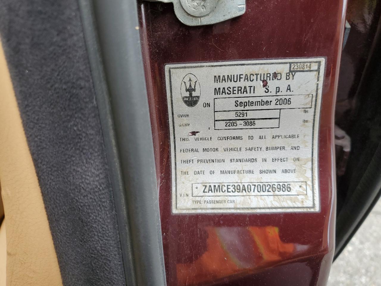 2007 Maserati Quattroporte M139 VIN: ZAMCE39A070026986 Lot: 48929845