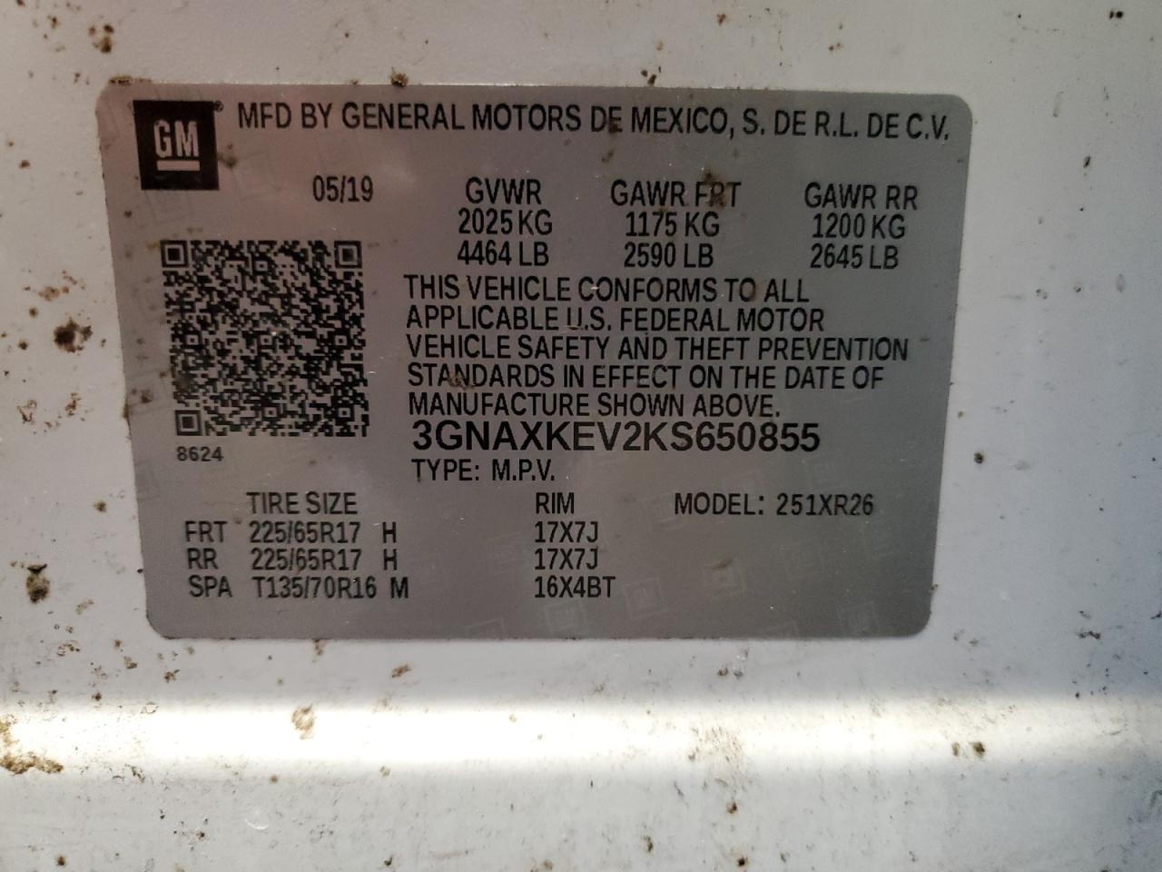 3GNAXKEV2KS650855 CHEVROLET EQUINOX 2019