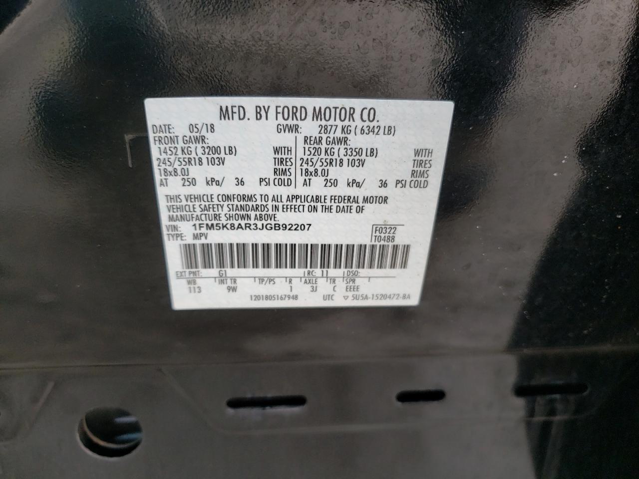 1FM5K8AR3JGB92207 FORD EXPLORER 2018