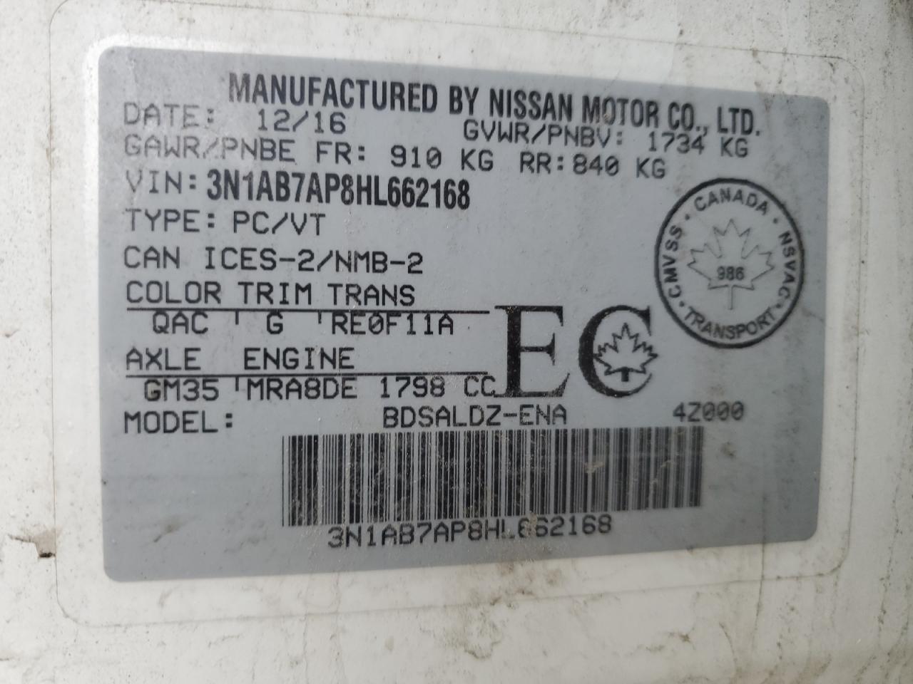 VIN: 3N1AB7AP8HL662168 2017 NISSAN SENTRA