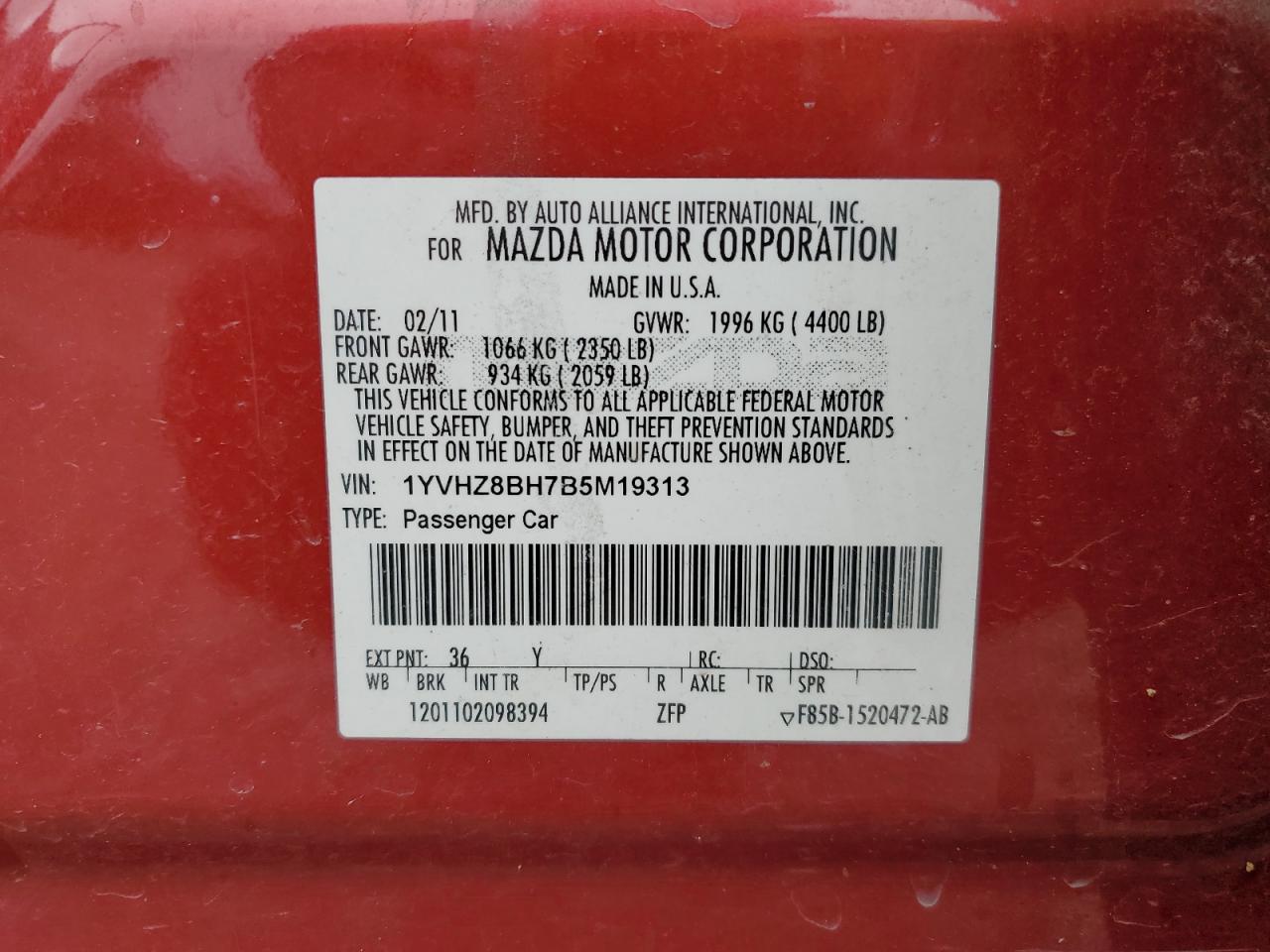 2011 Mazda 6 I VIN: 1YVHZ8BH7B5M19313 Lot: 52770015