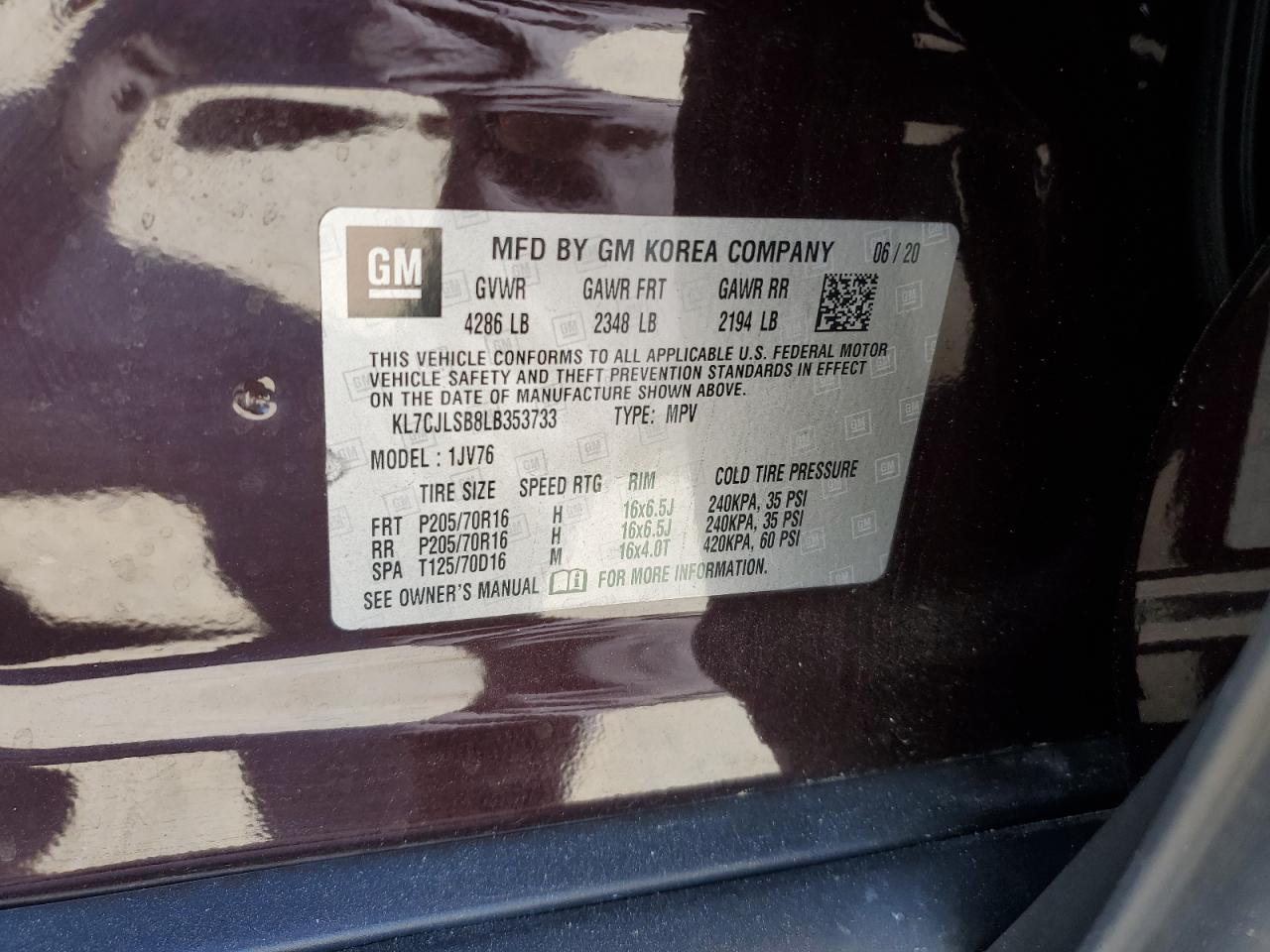 KL7CJLSB8LB353733 CHEVROLET TRAX 2020