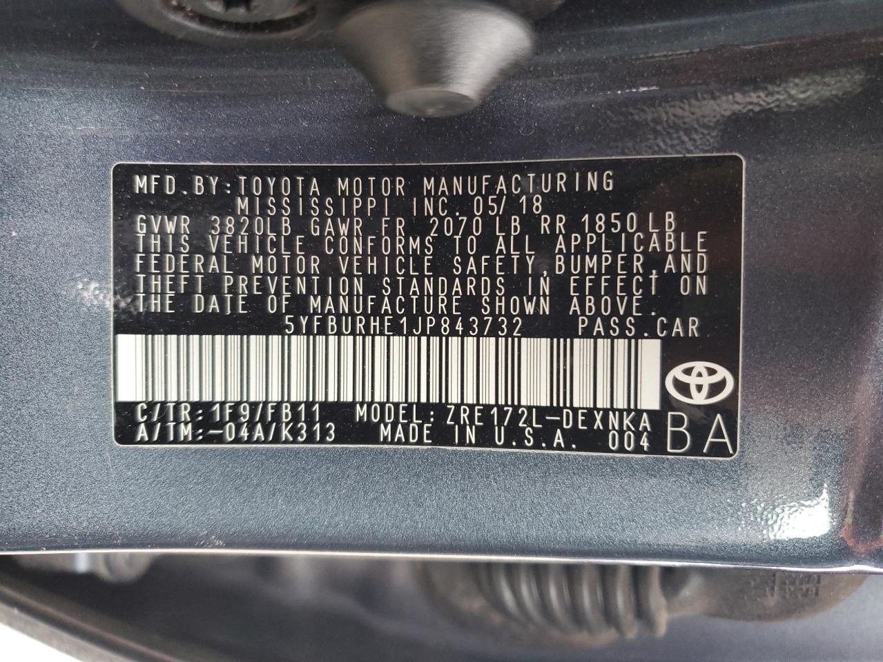 5YFBURHE1JP843732 TOYOTA COROLLA 2018