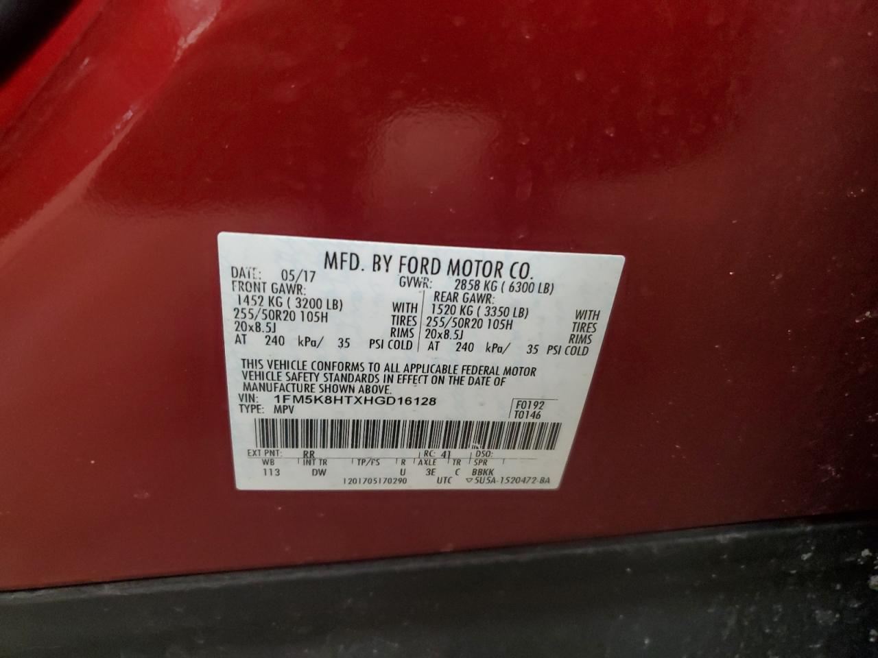 1FM5K8HTXHGD16128 FORD EXPLORER 2017