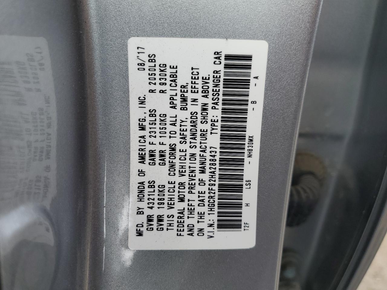 1HGCR2F92HA288437 HONDA ACCORD 2017