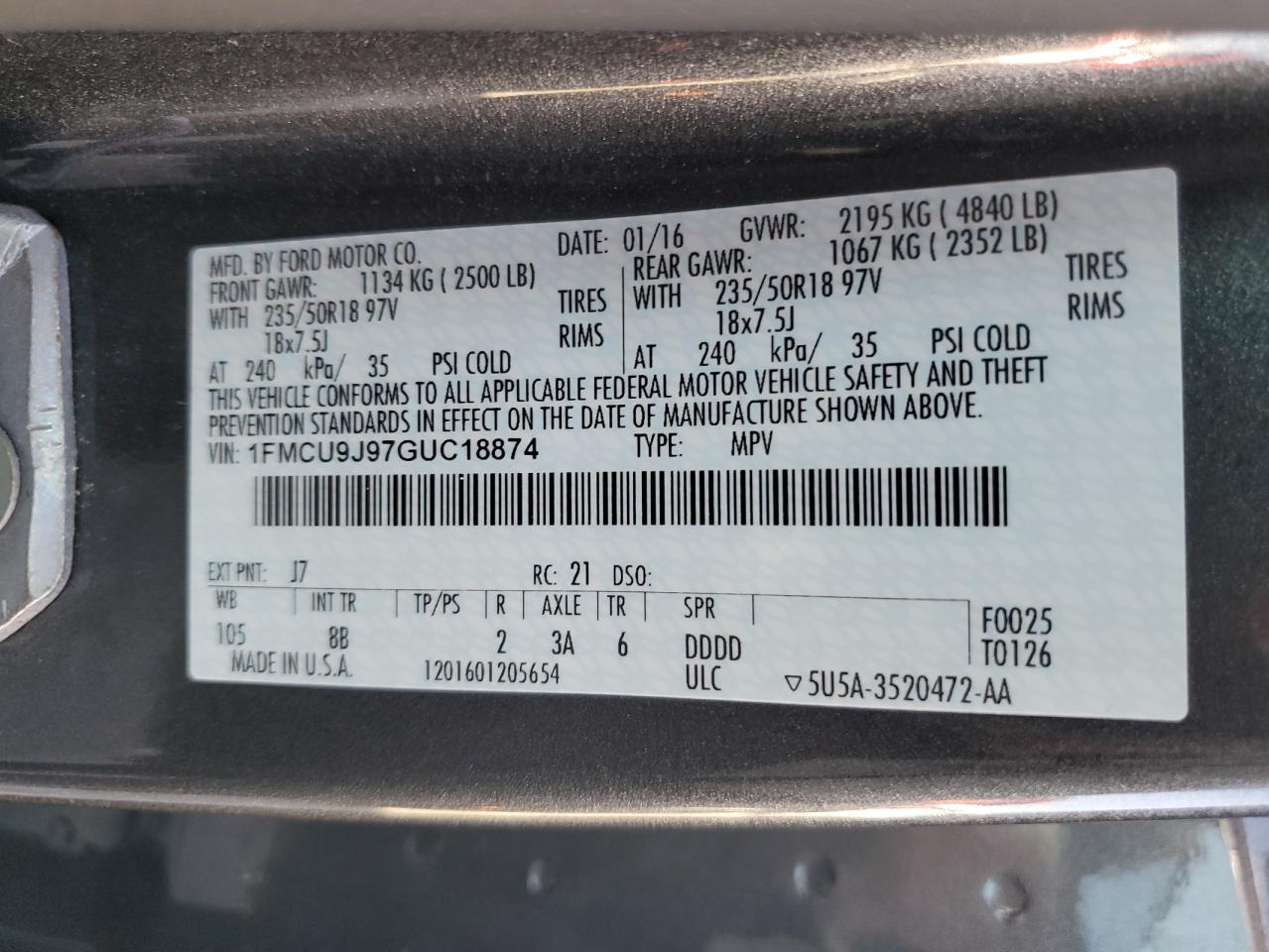 1FMCU9J97GUC18874 FORD ESCAPE 2016