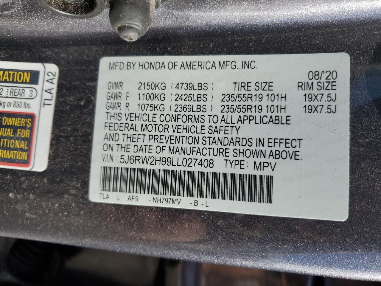 5J6RW2H99LL027408 HONDA CRV 2020