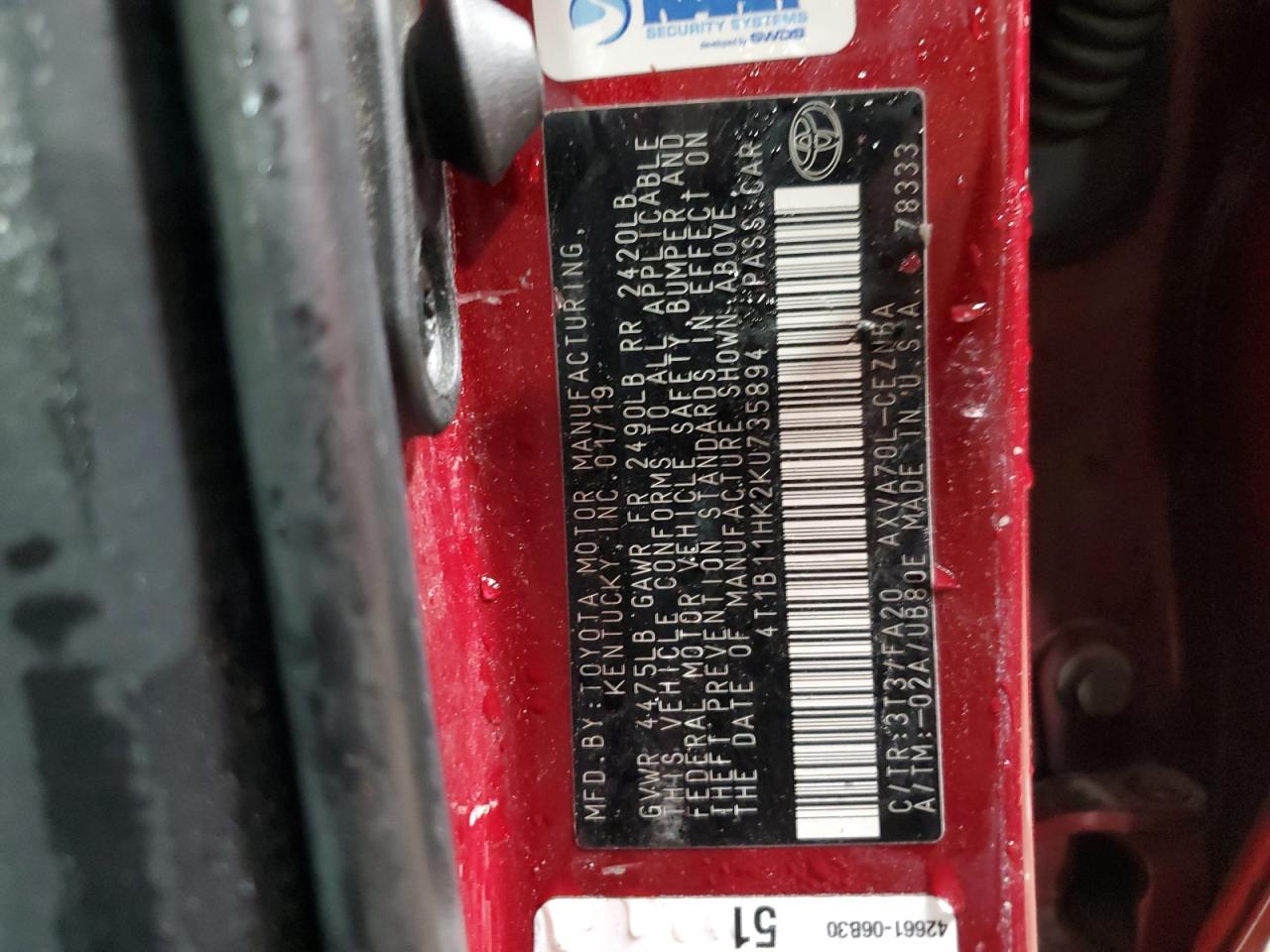 4T1B11HK2KU735894 TOYOTA CAMRY 2019