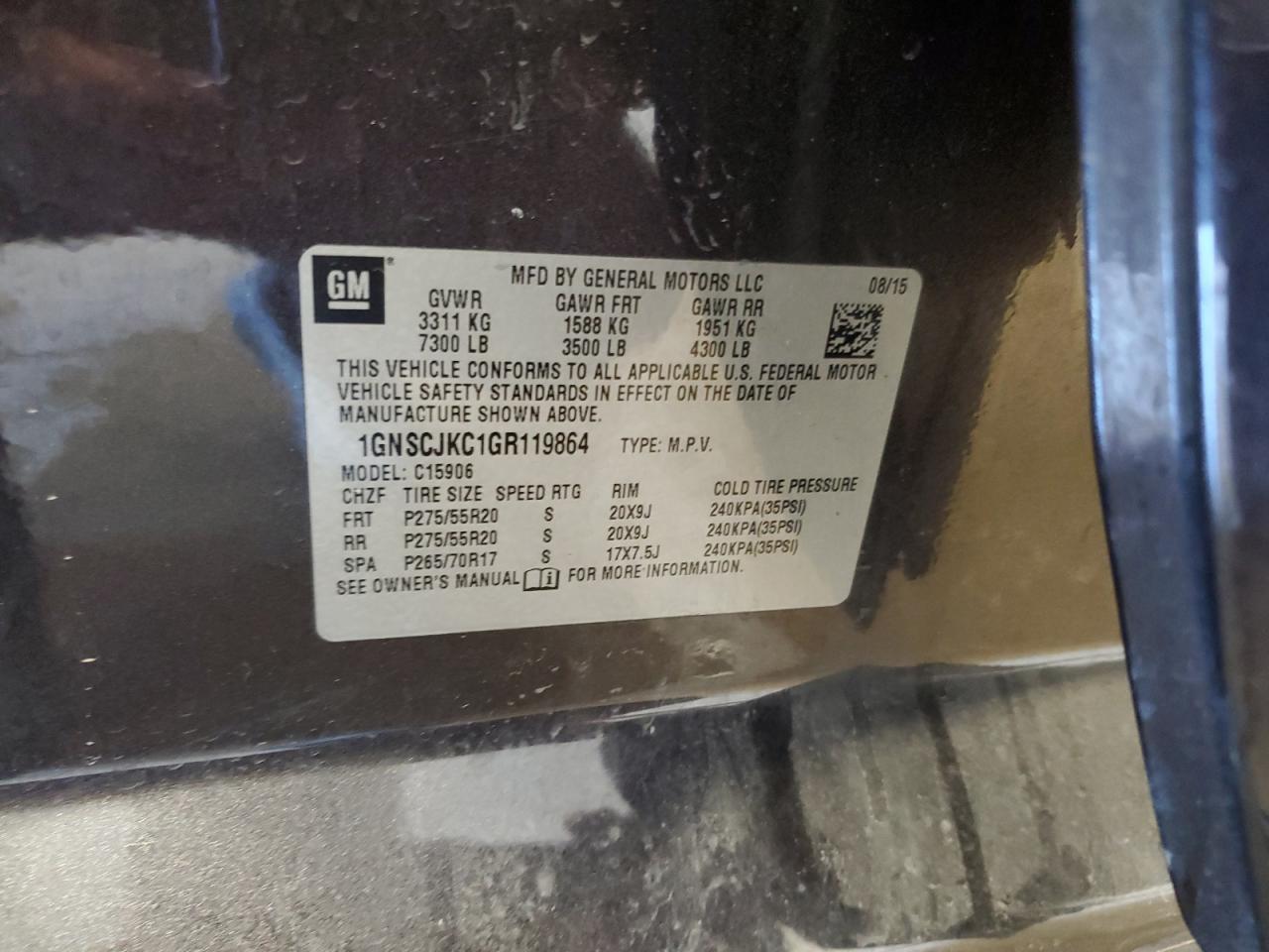 1GNSCJKC1GR119864 CHEVROLET SUBURBAN 2016