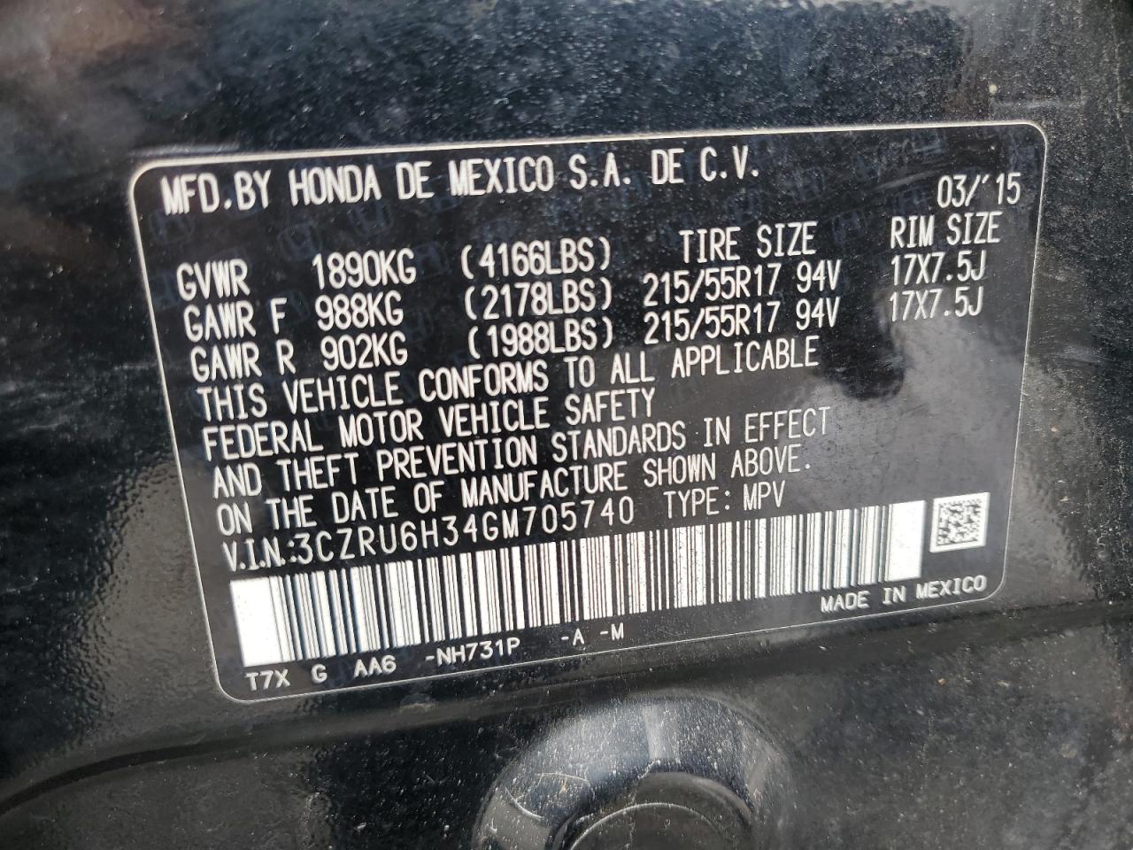 3CZRU6H34GM705740 HONDA HR-V 2016