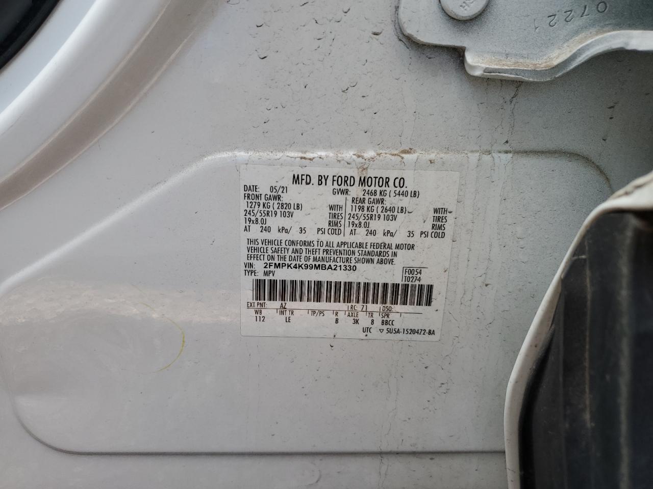 2FMPK4K99MBA21330 FORD EDGE 2021