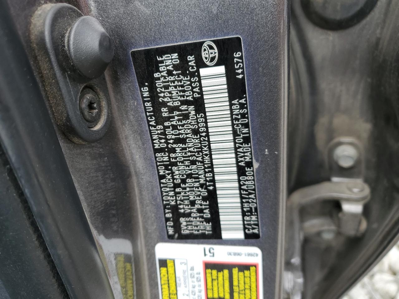 4T1B11HKXKU249995 TOYOTA CAMRY 2019