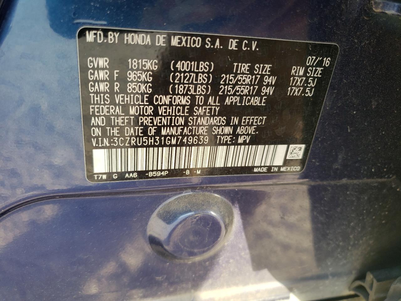 3CZRU5H31GM749639 HONDA HR-V 2016