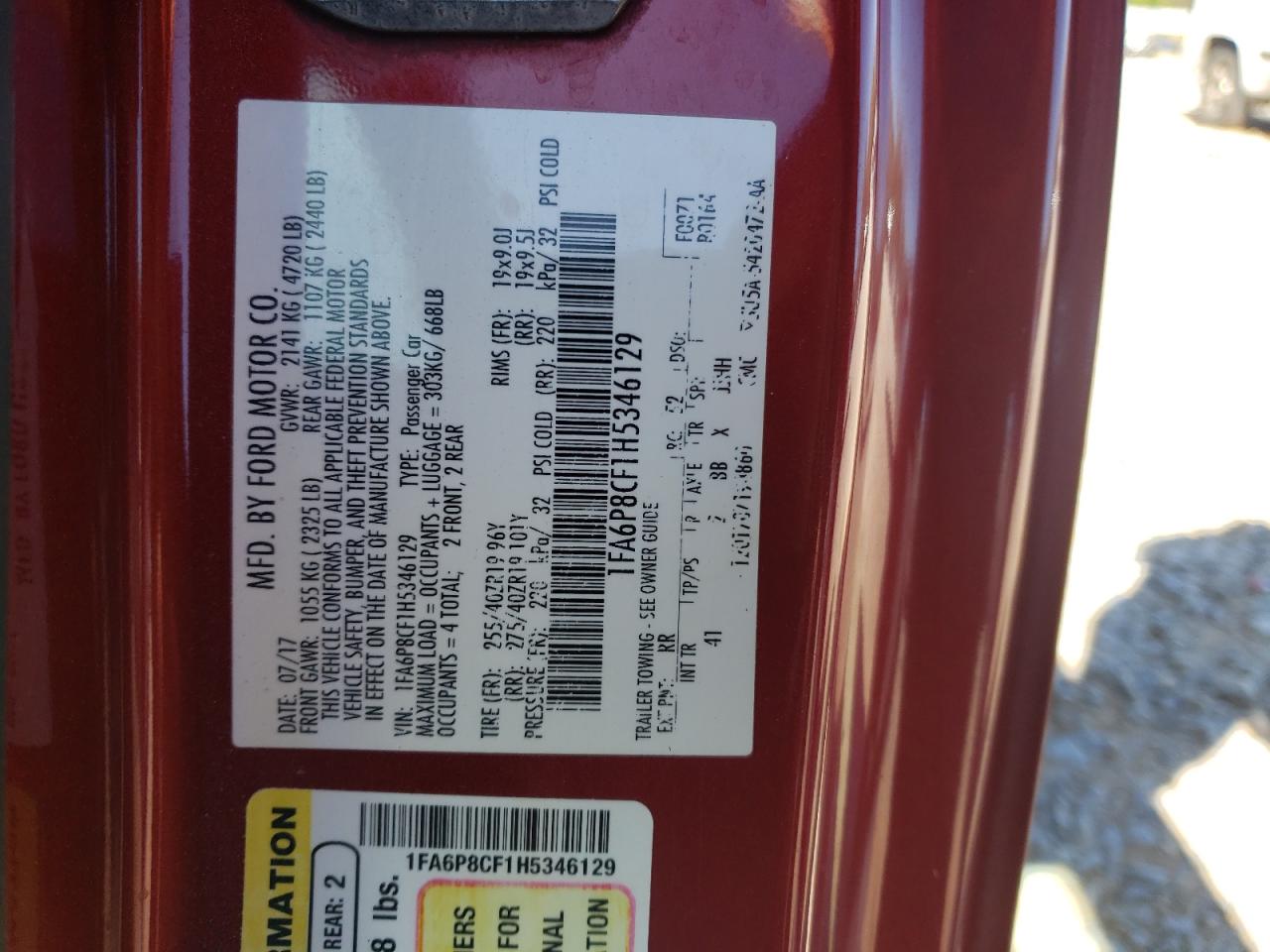 1FA6P8CF1H5346129 FORD MUSTANG 2017