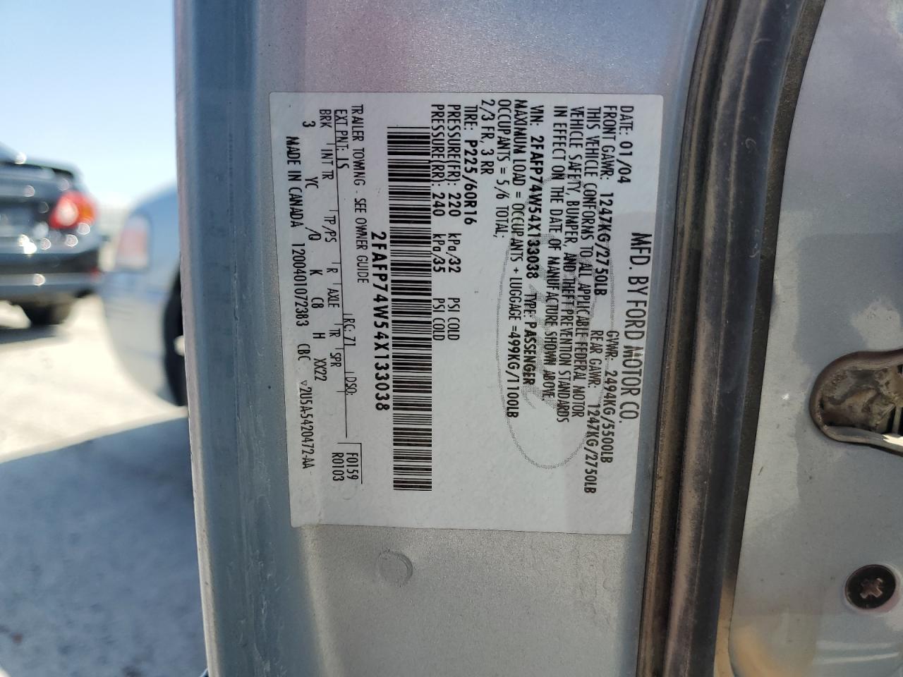 2004 Ford Crown Victoria Lx VIN: 2FAFP74W54X133038 Lot: 50412955