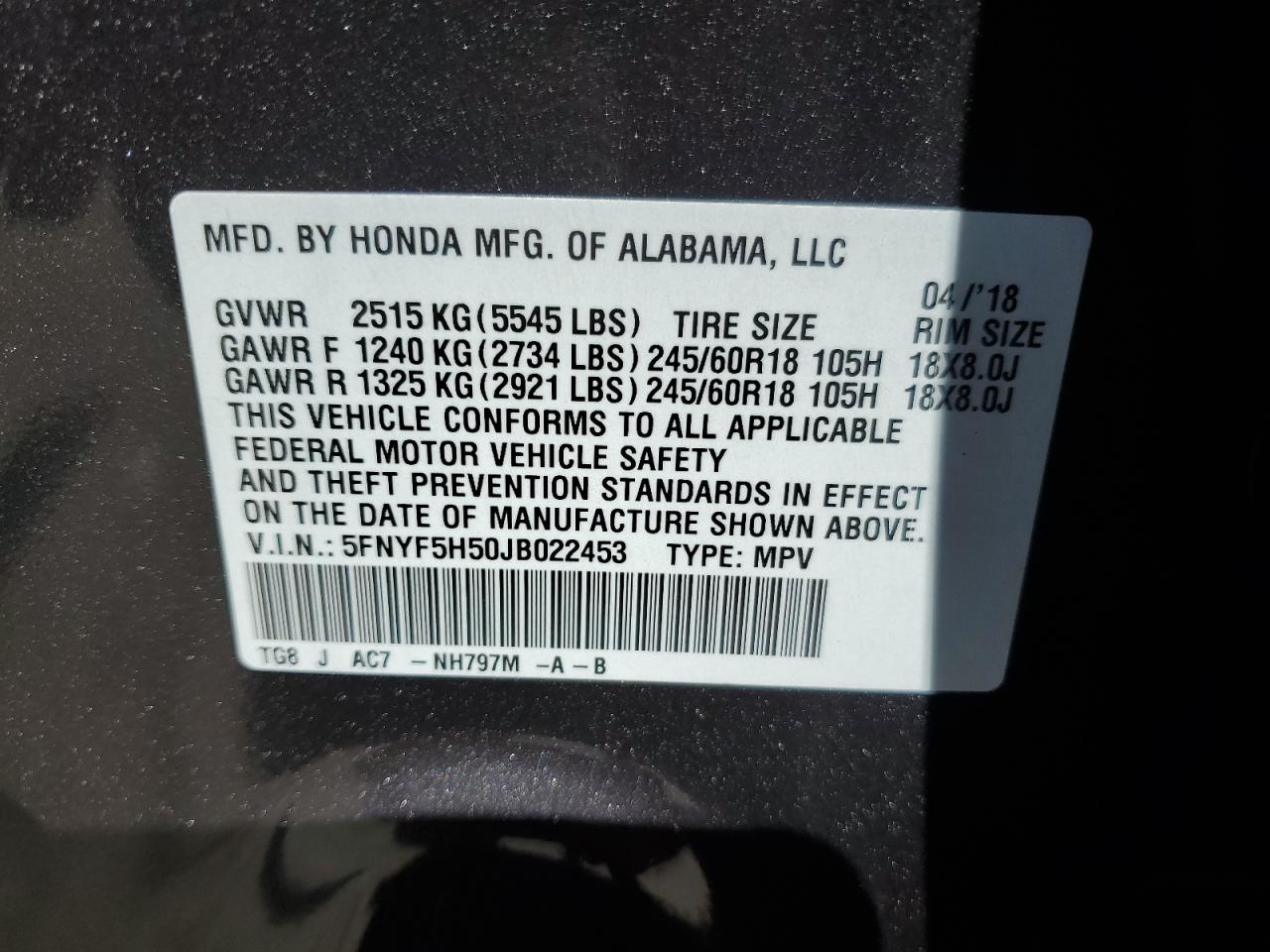 5FNYF5H50JB022453 HONDA PILOT 2018