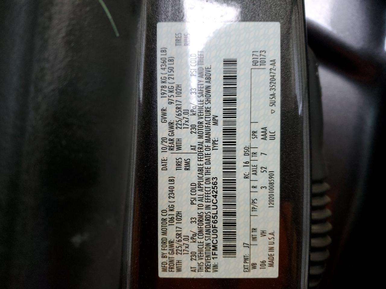 1FMCU0F65LUC42563 FORD ESCAPE 2020