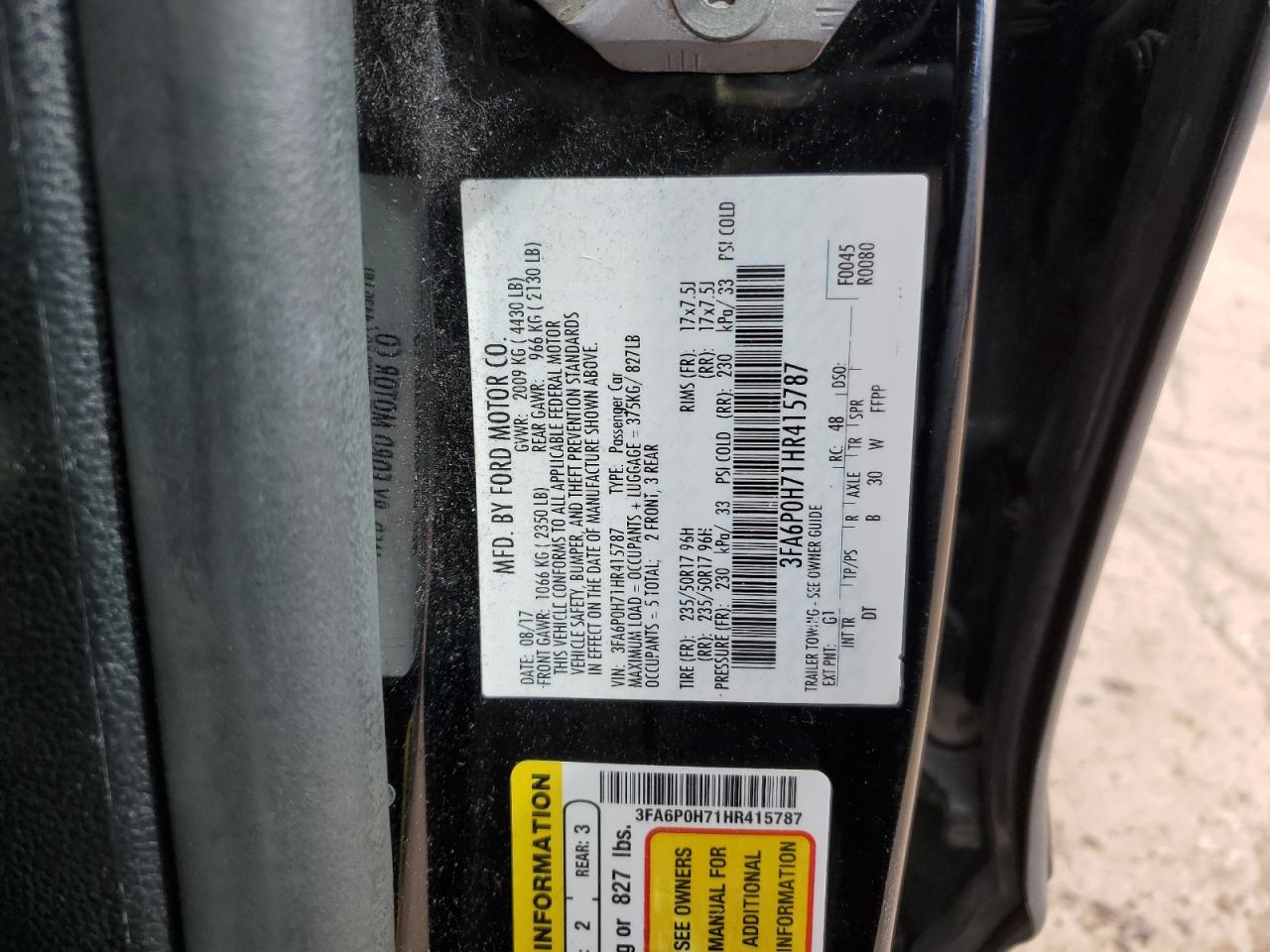 3FA6P0H71HR415787 FORD FUSION 2017