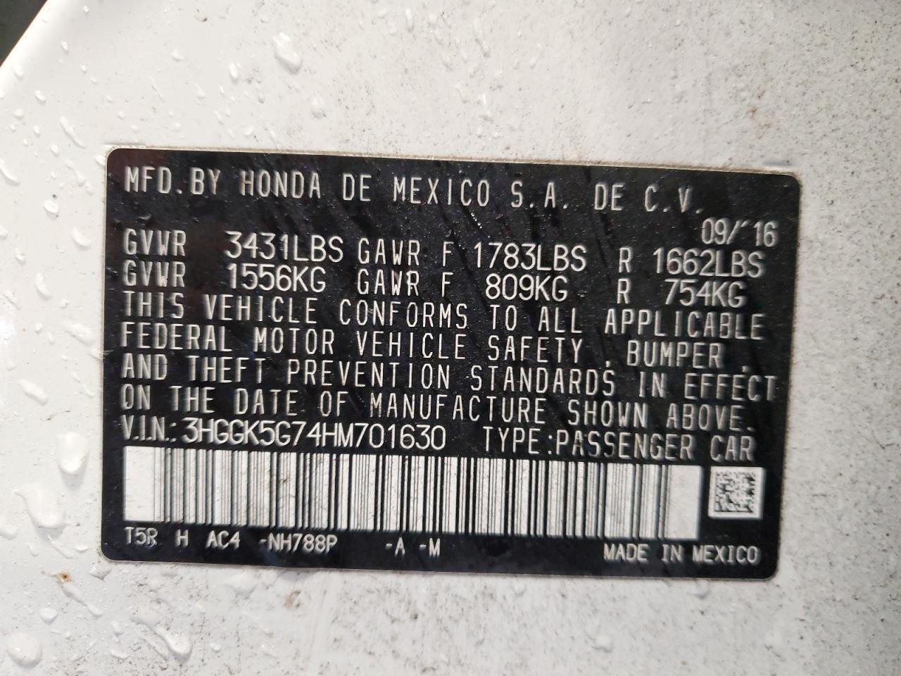 3HGGK5G74HM701630 HONDA FIT 2017